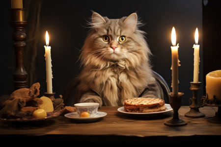 Cat is sitting at a table with a plate of food and two candles. Scene is lighthearted and playful, as the cat is dressed up and he is enjoying a mealの素材