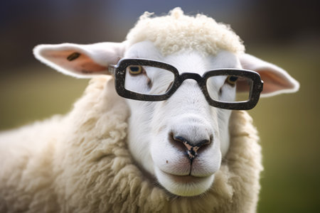 Sheep wearing glasses is staring at the camera. The image has a playful and humorous mood, as the sheep is dressed in a way that is not typical for a sheepの素材