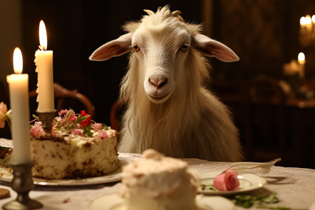 Goat is sitting at a table with a cake and candles. The goat is staring at the camera, and the candles are lit. Scene is playful and whimsicalの素材