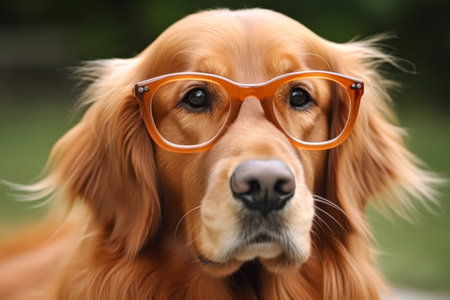 Dog wearing glasses with a brown coat. The dog is looking at the camera. The image has a playful and lighthearted moodの素材