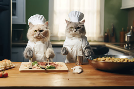 Two cats dressed in chef's uniforms are standing on a wooden table, preparing food. The cats are holding utensils and appear to be cooking a meal. The scene is playful and lightheartedの素材