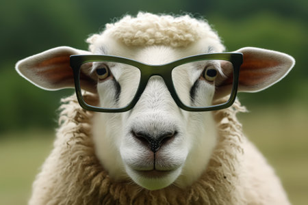 Sheep wearing glasses is staring at the camera. The image has a playful and humorous mood, as the sheep is dressed in a way that is not typical for a sheepの素材