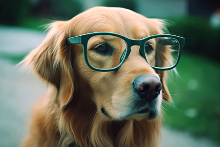 Dog wearing glasses is staring at the camera. The dog's eyes are large and the glasses are green. The dog's fur is long and fluffy, giving it a cute and endearing appearanceの素材
