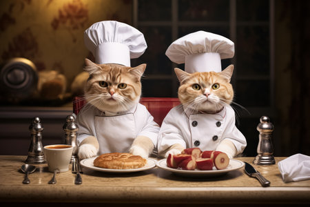 Two cats dressed in chef hats are sitting at a table with food. Scene is playful and lightheartedの素材
