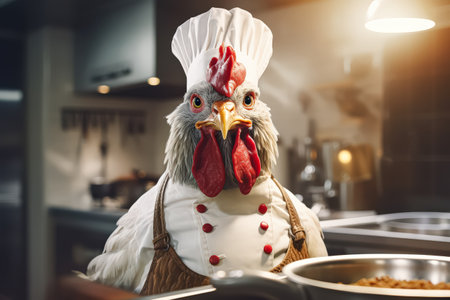 Chicken chef is wearing a white hat and apron. The chicken is standing in a kitchen with a bowl of food in front of itの素材