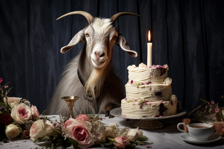 Goat is sitting at a table with a cake and a candle. The goat is smiling and he is enjoying the celebrationの素材