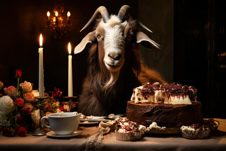 Goat is standing in front of a table with a cake and candles. The goat is looking at the camera and seems to be enjoying the scene. The table is set with a cup, a cake, and a few other itemsの素材