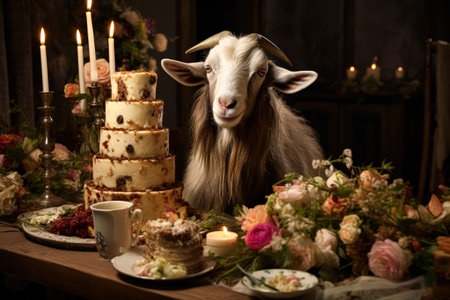 Goat is sitting in front of a table with a cake and candles. The goat is looking at the camera, and the table is set for a celebrationの素材