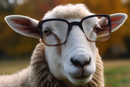 Sheep wearing glasses is staring at the camera. The image has a playful and humorous mood, as the sheep is dressed up in glasses, which is not a common sightの素材