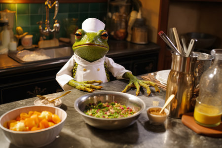 Frog wearing a chef's hat stands in front of a table with a variety of food. The frog is the main focus of the image, and the table setting suggests a meal is being prepared or enjoyedの素材