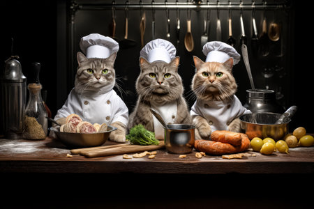 Three cats dressed as chefs are standing on a counter with food and utensils. Scene is playful and lightheartedの素材