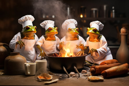 Three frogs are wearing chef hats and cooking food in a pan. The scene is humorous and playful, as the frogs are not real and are not actually cookingの素材