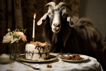 Goat is sitting at a table with a cake and candles. The goat is smiling and he is enjoying the celebrationの素材