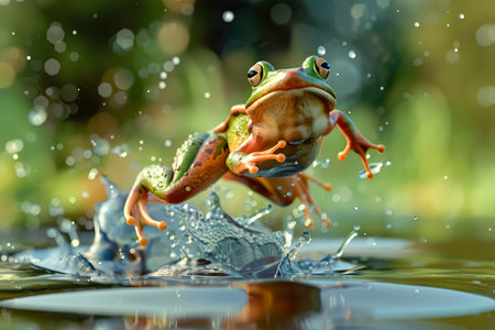 Frog is jumping into a body of water. The water is splashing and the frog is surrounded by ripplesの素材