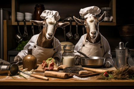 Two goats dressed as chefs are standing in front of a table with various kitchen utensils and ingredientsの素材