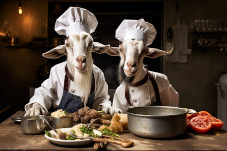 Two goats dressed as chefs are cooking food on a table. Scene is lighthearted and playfulの素材