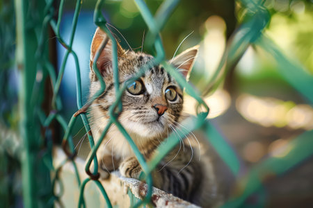 Kitten is peeking out from behind a chain link fence. The kitten is looking at the camera with a curious expressionの素材