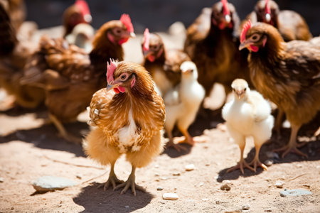 Group of chickens are standing in a field. One of the chickens is a rooster. The chickens are all different sizes and colorsの素材