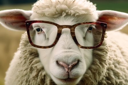 Sheep wearing glasses is staring at the camera. The image has a playful and humorous mood, as the sheep is dressed in glasses and he is posing for a photoの素材