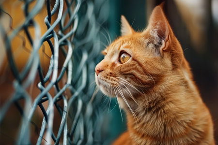 Cat with a yellowish orange fur is looking at the camera. The cat is standing in front of a fenceの素材
