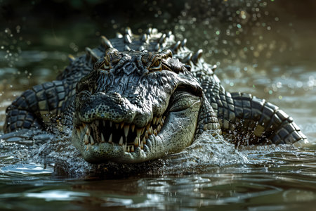 Crocodile is swimming in the water with its mouth open. The water is splashing and the crocodile is making a lot of noiseの素材