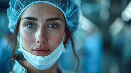 Woman wearing a blue surgical cap and mask. She has a serious look on her face. Concept of professionalism and focusの素材