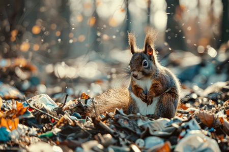Squirrel is sitting on a pile of trash. The trash is mostly made up of plastic bags and bottles. The scene is messy and unappealingの素材