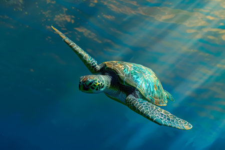 Turtle swimming in the ocean. The turtle is blue and green. The water is blue and clearの素材