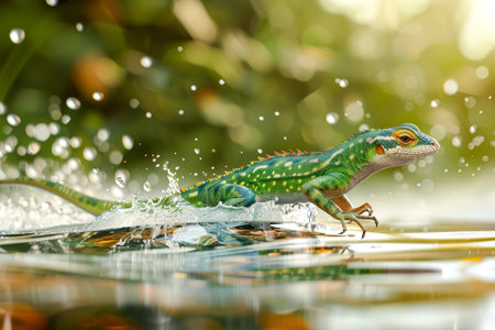 Green lizard is swimming in a body of water. The water is ripping and splashing, creating a sense of movement and energy. The lizard appears to be enjoying the water and the freedom of swimmingの素材