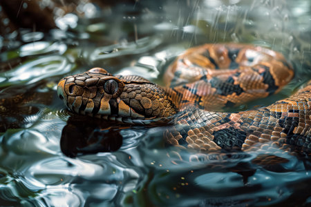 Snake is swimming in a body of water. The water is murky and the snake is brown and blackの素材