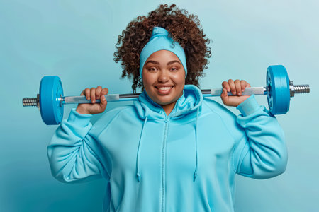 Woman is holding a blue dumbbell and smiling. She is wearing a blue hoodie and a blue headbandの素材
