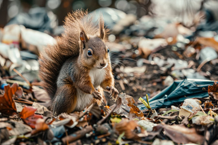 Squirrel is standing in a pile of trash. The scene is messy and unkempt, with garbage scattered all around. The squirrel appears to be curious and cautious as it navigates through the debrisの素材