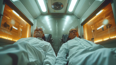 Two men are laying down in a room with a yellow light. They are wearing white lab coatsの素材