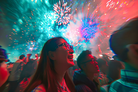 Woman is smiling at a fireworks display. The fireworks are in the background and the woman is in the foregroundの素材
