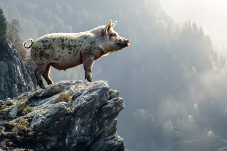 Pig is standing on a rocky mountain top. The pig is dirty and has a white spot on its back. The mountain is covered in trees and the sky is cloudy. The scene is peaceful and sereneの素材