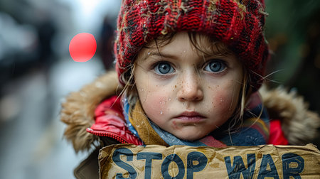 Young girl wearing a red hat and a scarf is holding a sign that says "Stop War"の素材