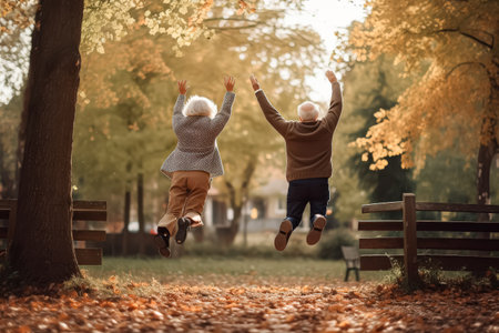 Two elderly people are jumping in the air in a park. Scene is joyful and energeticの素材