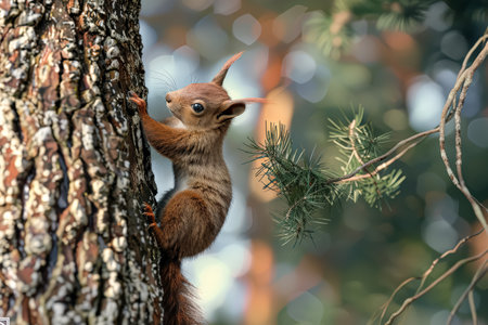 Squirrel is climbing up a tree. The tree is covered in green leaves and has a brown trunkの素材