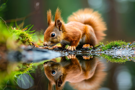 Squirrel is drinking water from a pond. The reflection of the squirrel in the water is visibleの素材