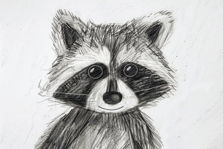 Raccoon is drawn in black and white. The raccoon has a smile on its face and is looking at the camera. The drawing is of a cute and friendly raccoonの素材