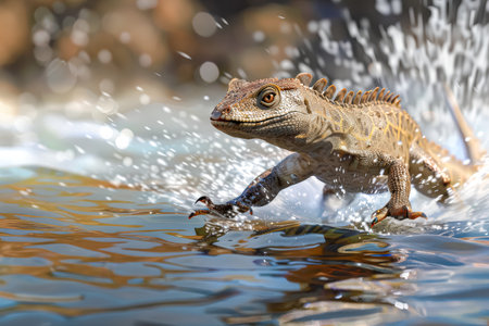 Lizard is running through the water, splashing water everywhere. The scene is lively and energetic, with the lizard appearing to be enjoying itself as it moves through the waterの素材