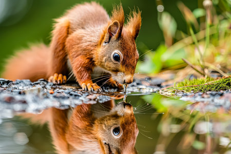Squirrel is drinking water from a pond. The reflection of the squirrel in the water is visibleの素材