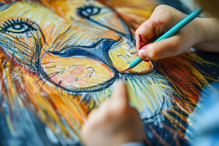 Child is drawing a lion with a green crayon. The lion has a yellow mane and a blue nose. The child is using a blue crayon to color the lion's mouthの素材