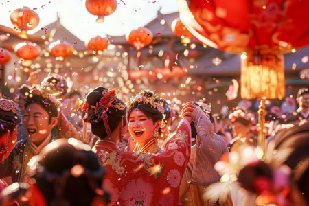 Group of people are celebrating a festival, with many of them wearing traditional clothing. A woman is holding a lantern, and there are many lanterns in the air. Scene is festive and joyfulの素材