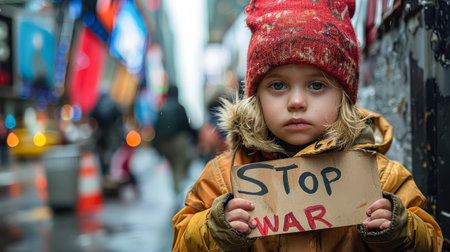 Young child holding a sign that says "Stop War". The child is wearing a red hat and a yellow jacketの素材