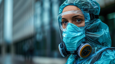 Woman in a blue suit with a mask on her face. She is wearing a blue suit and a maskの素材
