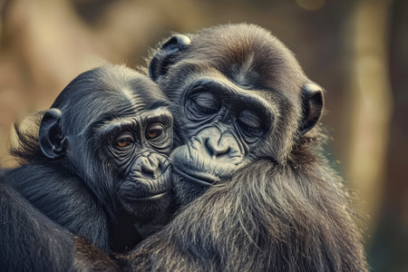 Two baby gorillas are hugging each other. One of them is looking at the camera. The scene is peaceful and heartwarmingの素材