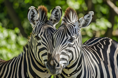 Two zebras are standing close to each other, their heads touching. Concept of warmth and connection between the two animalsの素材