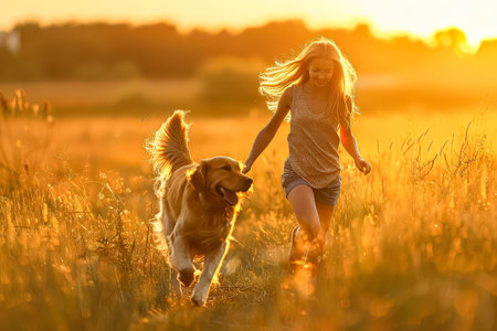 Girl is running with her dog in a field. The dog is brown and the girl is wearing a shirt with a checkered pattern. The sun is shining brightly, creating a warm and cheerful atmosphereの素材