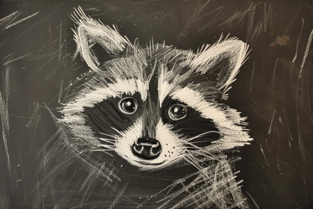 Raccoon is drawn on a blackboard. The raccoon has a big smile on its faceの素材